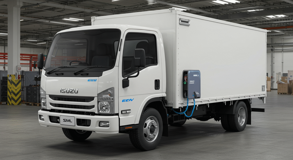 A modern SML Isuzu light commercial vehicle (like the Global Series) subtly modified with blue EV accents or a charging port visible.